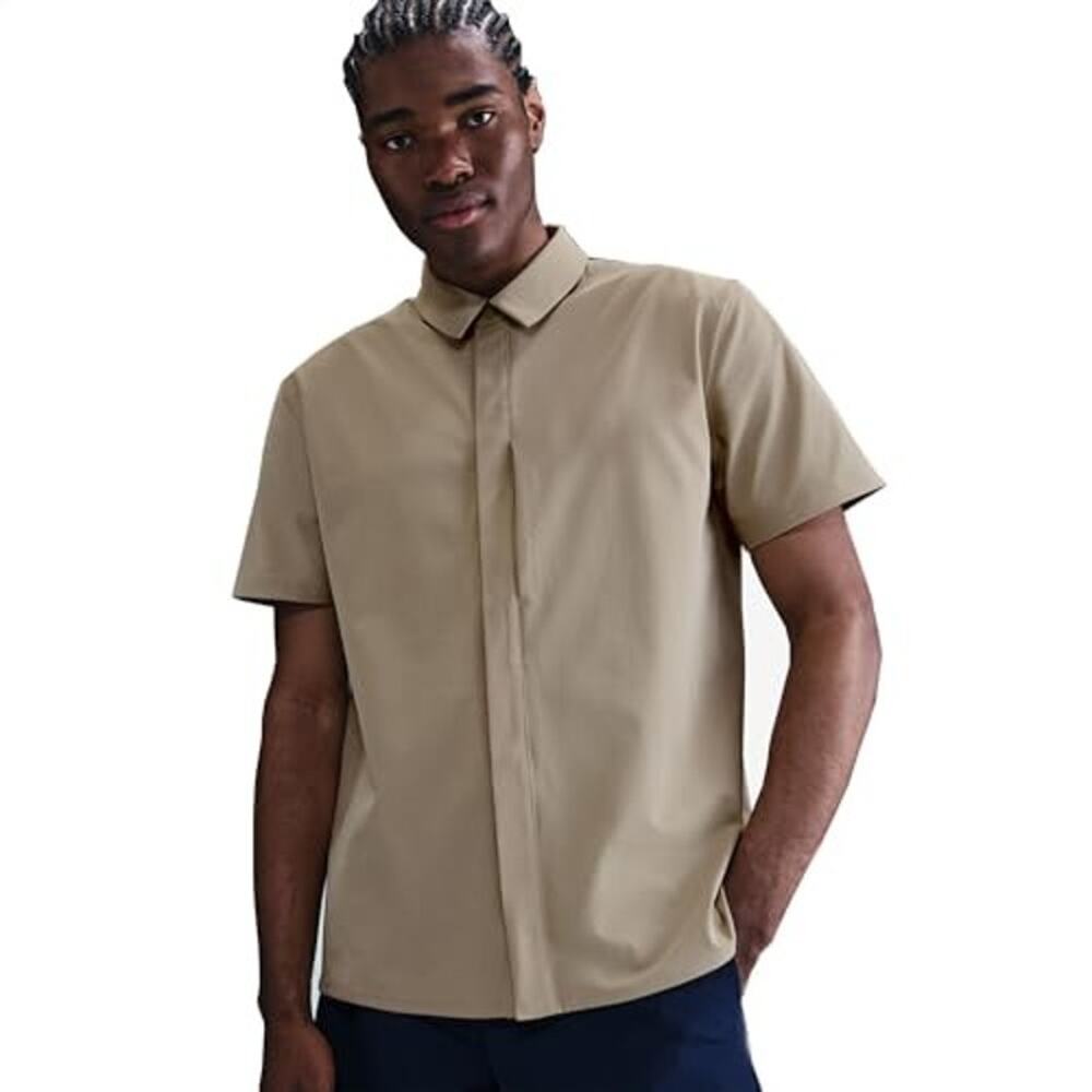 Men Size M Nike Training Shirt Beige 24.7 Perfect Stretch Snap Button HQ6958-253